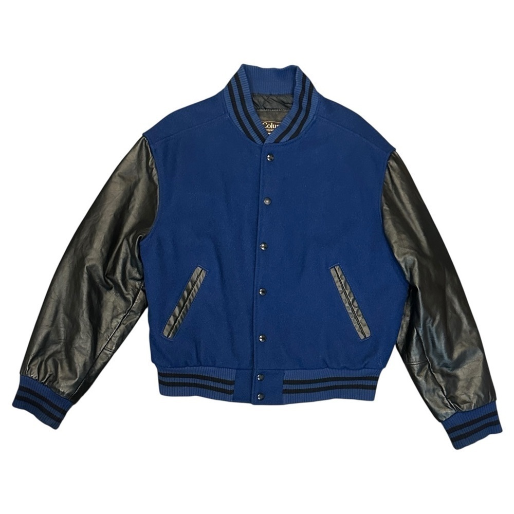 VTG Y2K Columbia Sportswear Wool & Leather Varsity Jacket Blue/Black Mens Medium